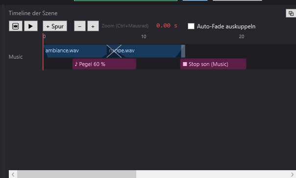 Zwei Musiken in Überblendung auf einer Spur, mit einem Block Lautstärke und einem Block Ton stoppen