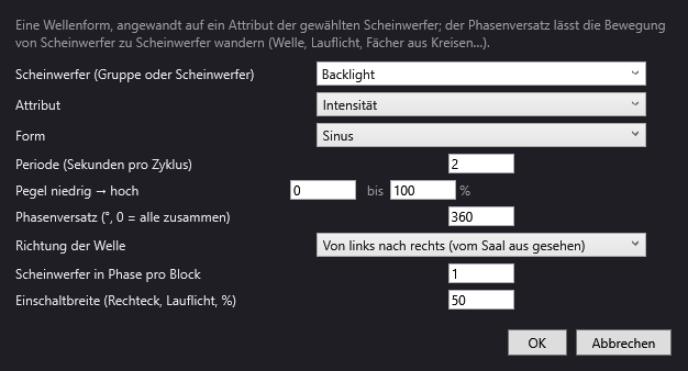 Das Fenster Dynamischer Effekt: Gruppe, Attribut Intensität, Form Sinus, Periode und Phasenversatz