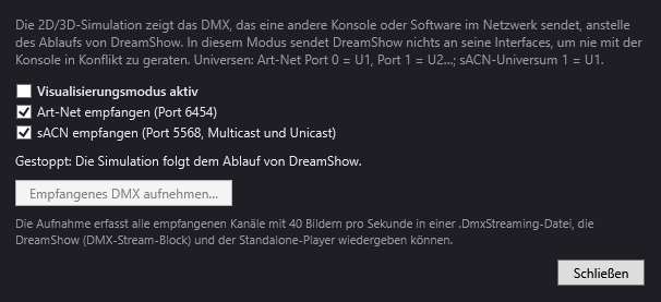Das Fenster Visualisierungsmodus: Empfang von Art-Net und sACN und Aufnahme des empfangenen DMX