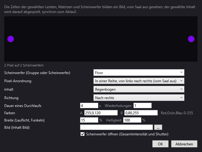 Das Fenster Pixel-Mapping: Gruppe, Anordnung der Pixel, Inhalt Regenbogen und Laufrichtung