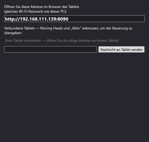 Das Fenster Verfolger (Tablets) mit der Adresse, die auf dem Tablet zu öffnen ist