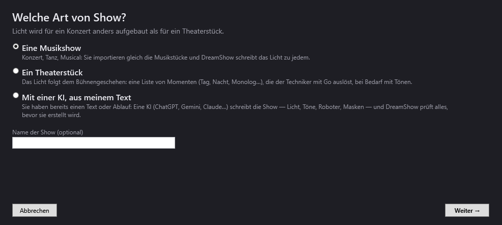 Der Assistent Meine erste Show erstellen, Seite Welche Art von Show?