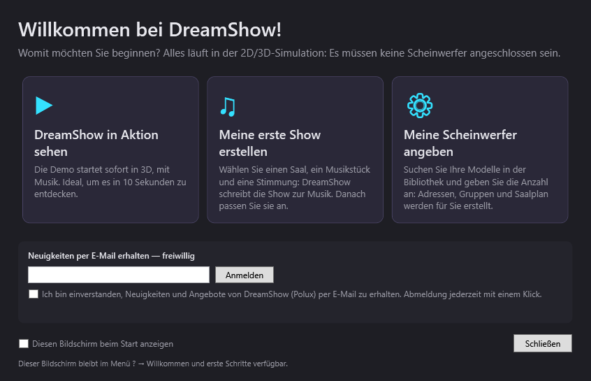 Der Bildschirm Willkommen bei DreamShow und seine drei Wahlmöglichkeiten: die Demonstration ansehen, eine erste Show erstellen, Scheinwerfer angeben