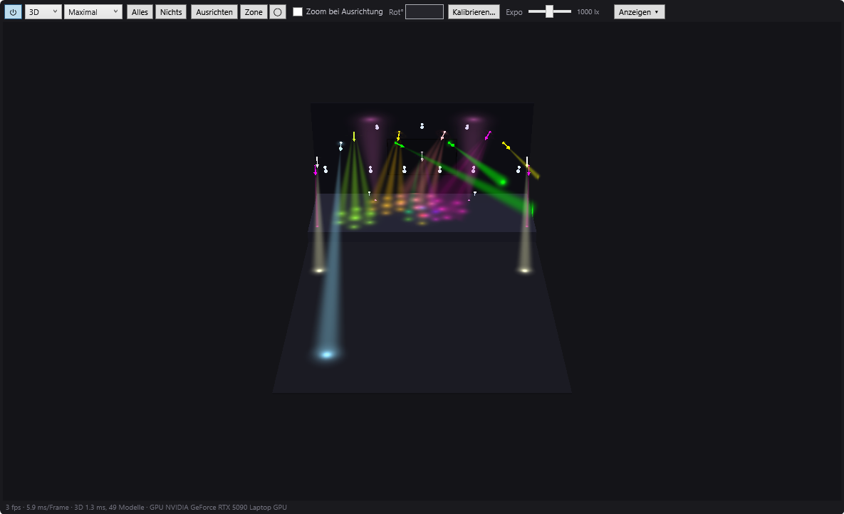 Die 3D-Simulation von DreamShow: Lichtstrahlen in der Luft, Lichtflecken am Boden, Videobildschirm