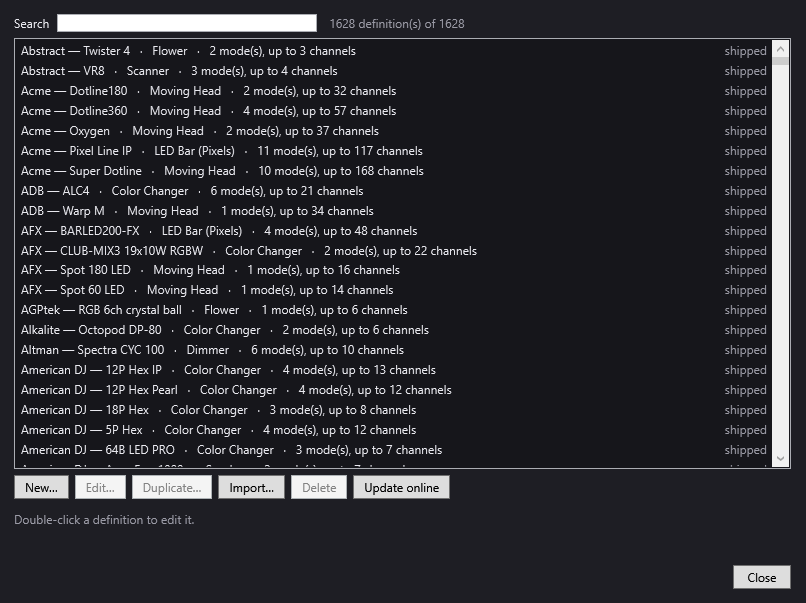 DreamShow's fixture library, with more than 1,600 definitions