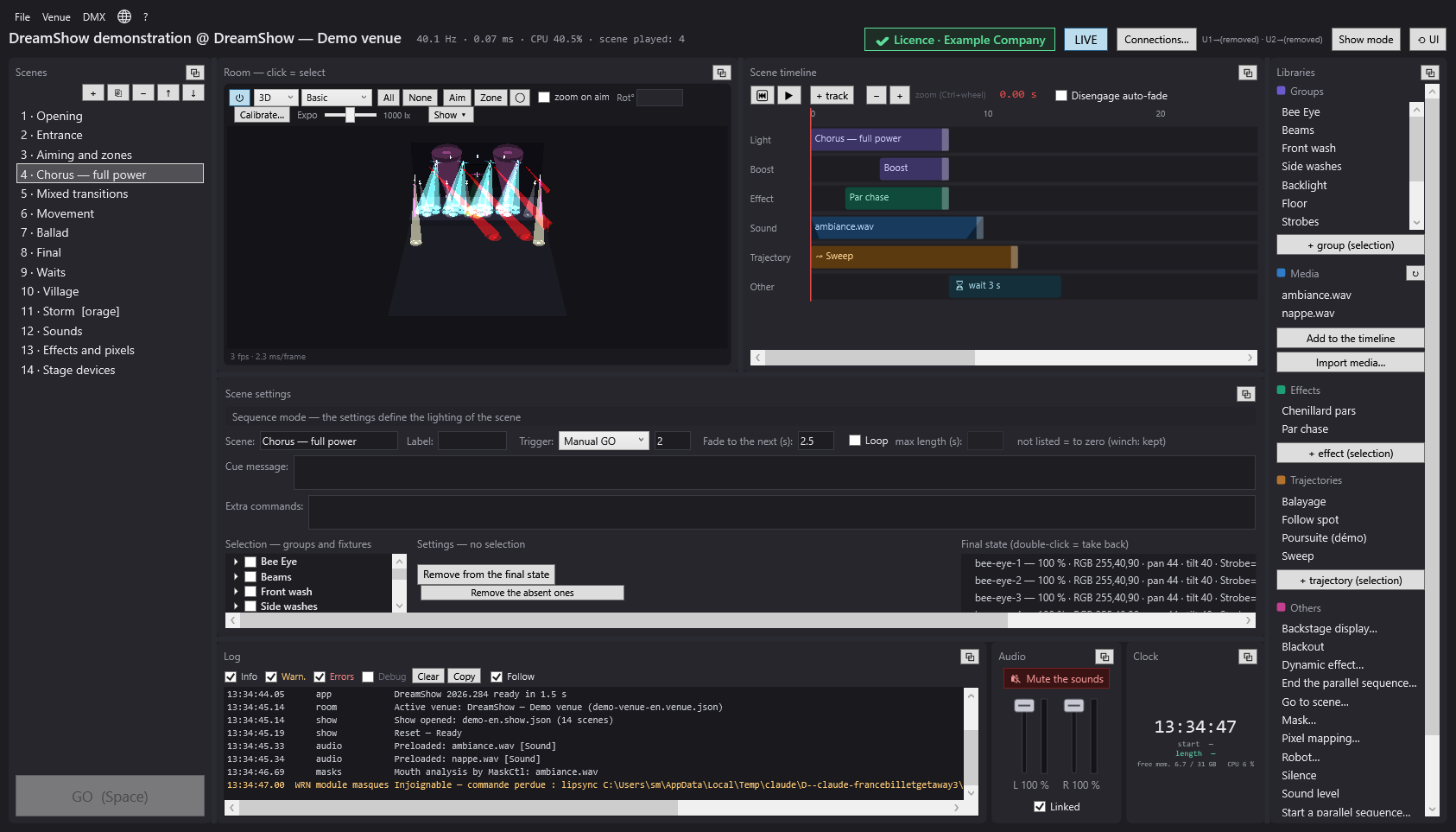 DreamShow's main screen: the list of scenes, the 3D simulation, the timeline with its tracks and the libraries