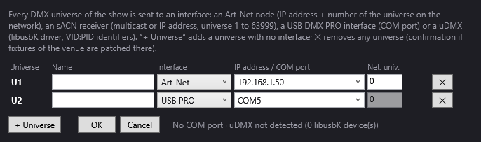 The DMX connections window: U1 in Art-Net to a node, U2 on a USB PRO interface