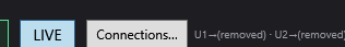 The top of the main screen: LIVE button, Connections… button and summary of the outputs