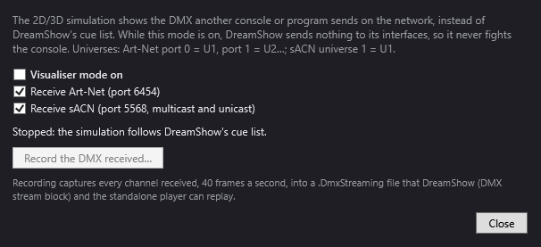 The Visualiser mode window: receiving Art-Net and sACN, and recording the received DMX