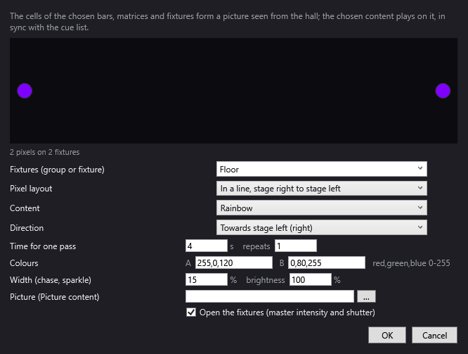 The Pixel mapping window: group, pixel layout, Rainbow content and scrolling direction