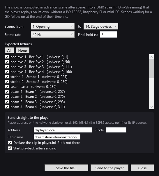 The Export for a standalone player window: scenes, frame rate, exported fixtures and direct sending to the player