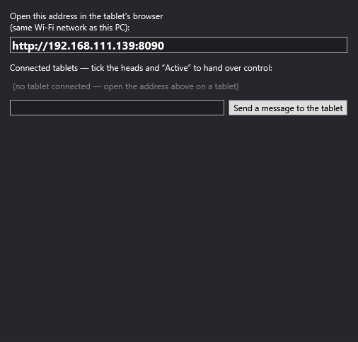 The Follow spot (tablets) window with the address to open on the tablet