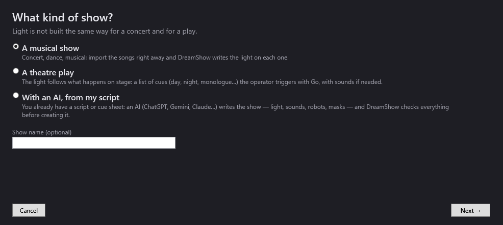 The Create my first show wizard offers a musical show, a theatre play or a show written by an AI