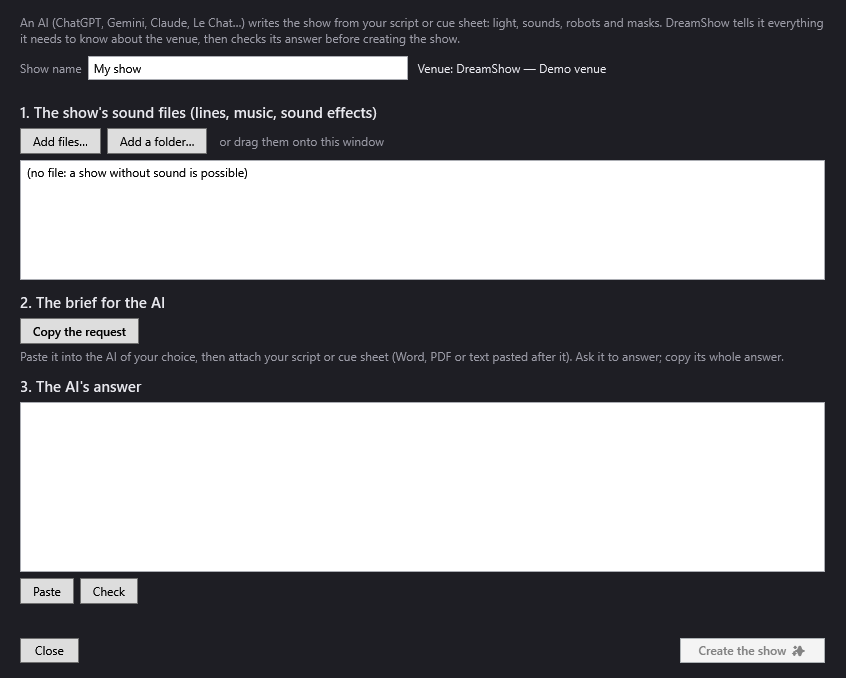 The Create a show with an AI window: sounds, request, answer and check
