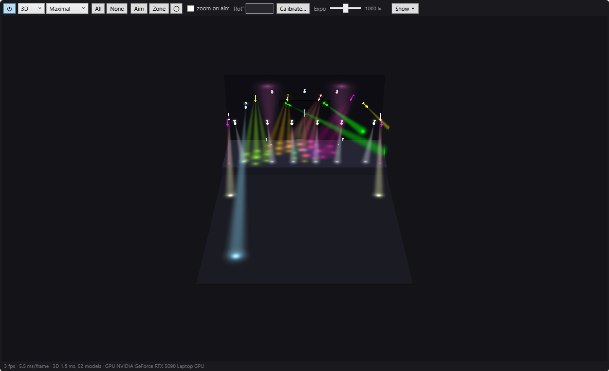 The 3D simulation at Maximal quality: beams in the air and pools of light on the floor