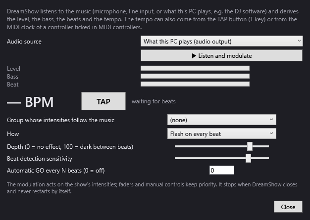 The Sound-to-light and tempo window, with the tempo detected in the music