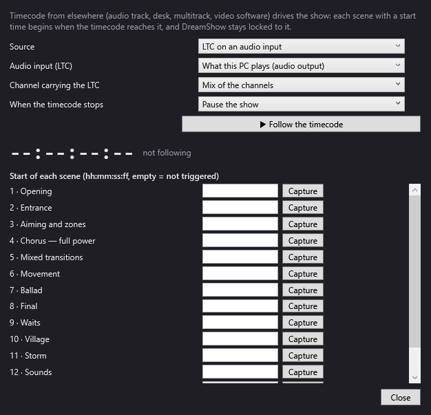 The Timecode (LTC / MTC) window with the start time of each scene and the Capture button