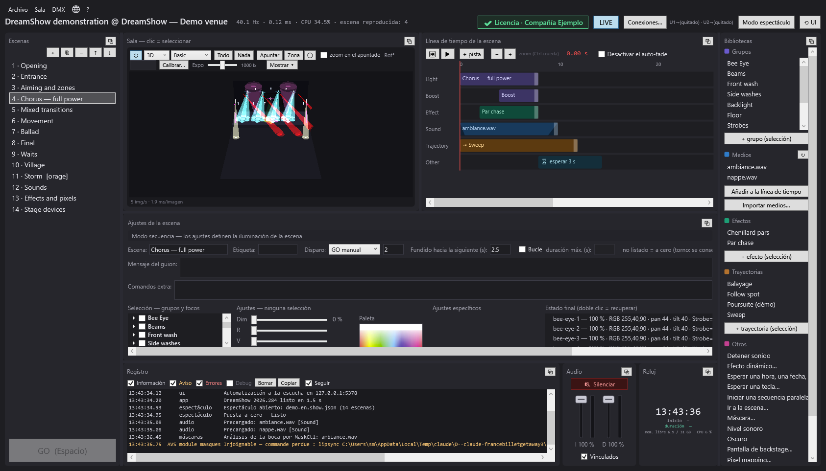 La pantalla principal de DreamShow: la lista de escenas, la simulación 3D, la línea de tiempo con sus pistas y las bibliotecas