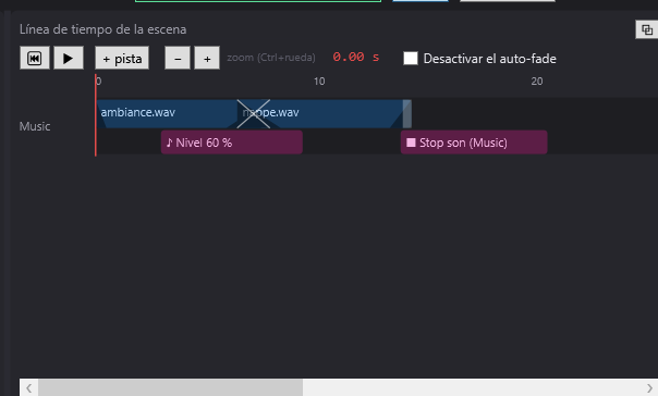 La línea de tiempo de una escena: una pista Música con dos sonidos que se cruzan, una pista Vídeo y bloques de nivel sonoro