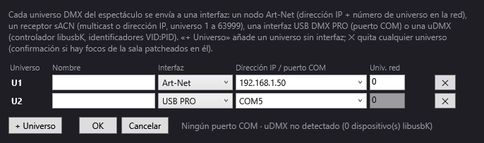 La ventana Conexiones DMX: un universo en Art-Net, otro en una interfaz USB PRO