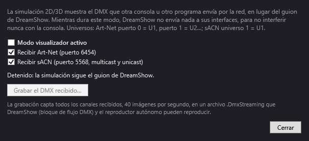 La ventana Modo visualizador: recepción de Art-Net y sACN, y grabación del DMX recibido