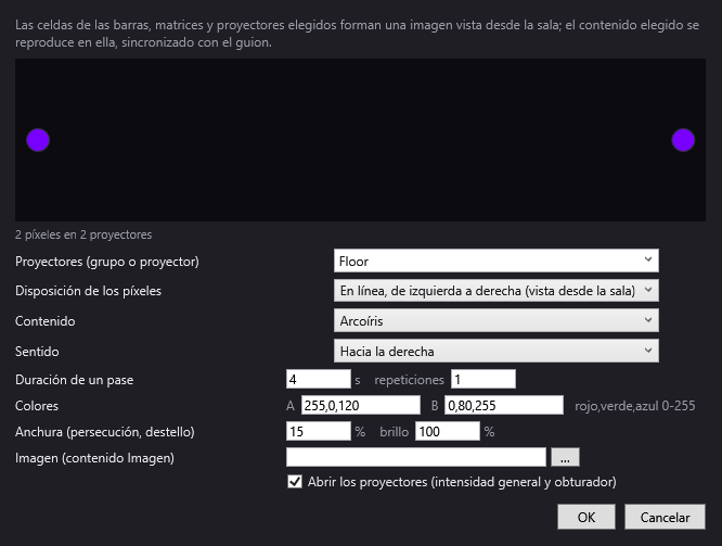 La ventana Pixel mapping: grupo, disposición de los píxeles, contenido Arcoíris y sentido de desplazamiento