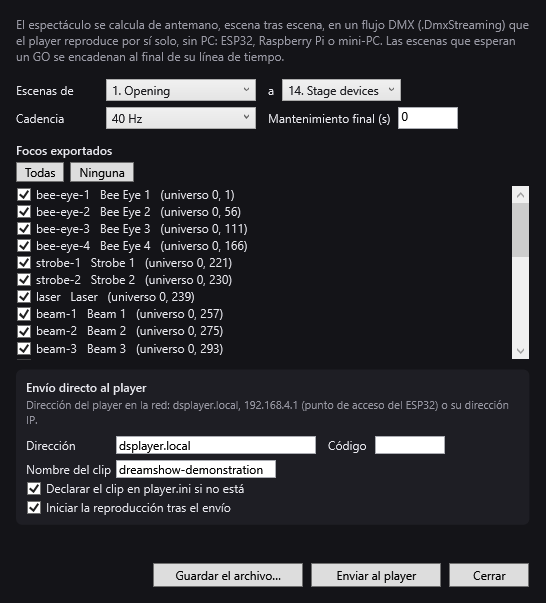 La ventana Exportar para un player autónomo: escenas, cadencia, focos exportados y envío directo al reproductor