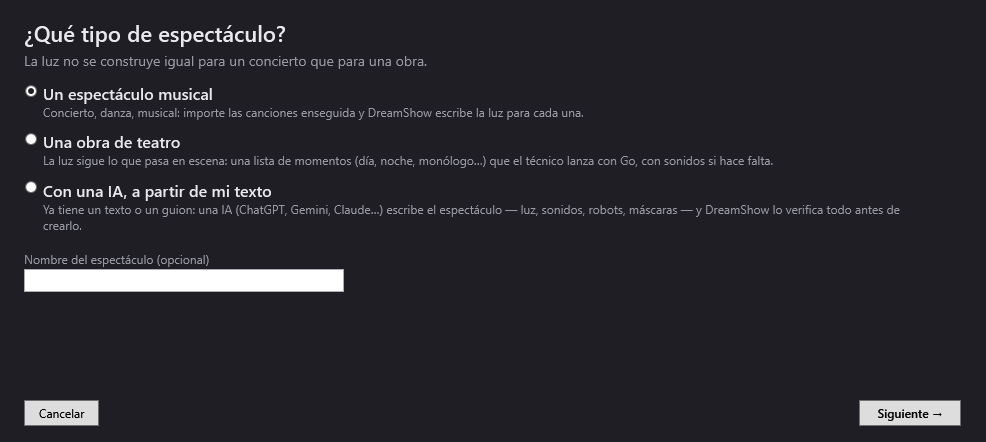 El asistente Crear mi primer espectáculo, página ¿Qué tipo de espectáculo?