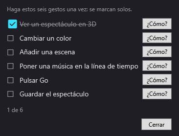 La lista de primeros pasos: seis gestos que se marcan solos, con un botón ¿Cómo? para cada uno