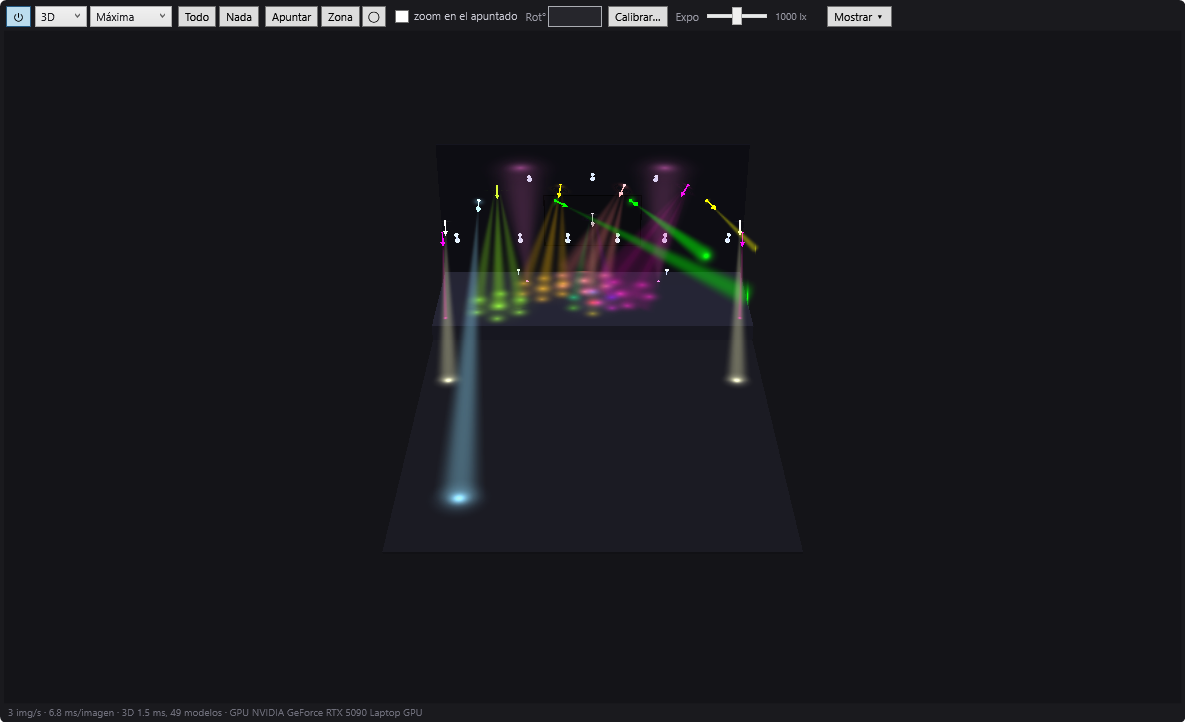 La simulación 3D de DreamShow en calidad Máxima: haces en el aire, manchas en el suelo y una pantalla de vídeo en reproducción