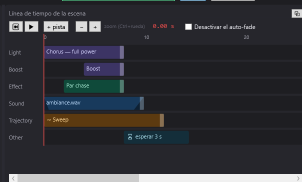 La línea de tiempo de una escena en DreamShow: pistas de luz y de medios, con la línea roja de reproducción