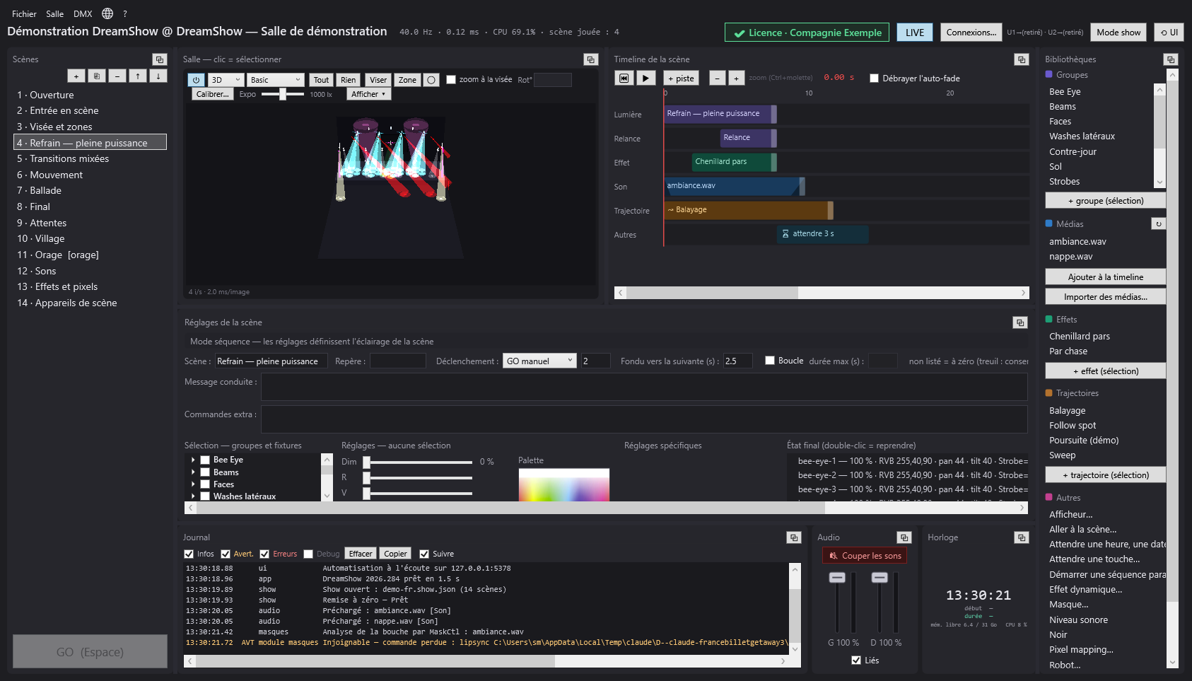 L'écran principal de DreamShow : la liste des scènes, la simulation 3D, la timeline avec ses pistes et les bibliothèques