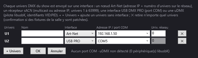 La fenêtre Connexions DMX : U1 en Art-Net vers un nœud, U2 sur une interface USB PRO