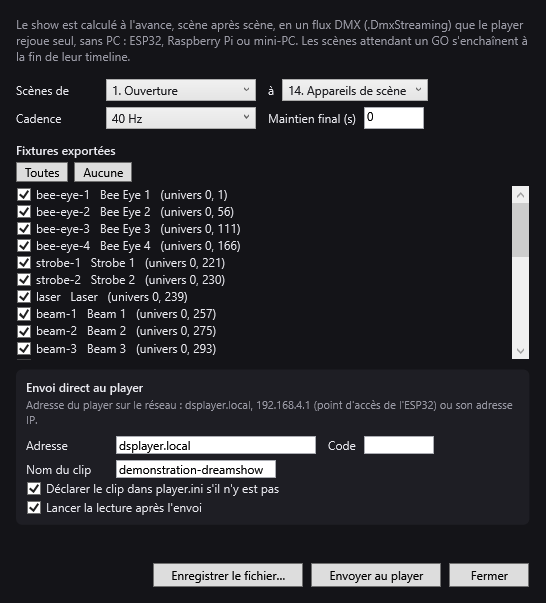 La fenêtre Exporter pour un player autonome : scènes, cadence, fixtures exportées et envoi direct au player