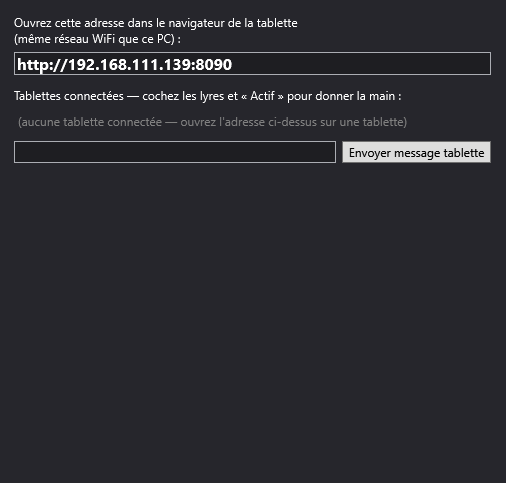 La fenêtre Poursuite (tablettes) avec l'adresse à ouvrir sur la tablette