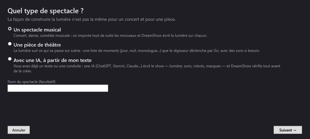 L'assistant Créer mon premier show, page Quel type de spectacle ?
