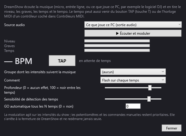 La fenêtre Son-lumière et tempo : source audio, jauges Niveau, Graves et Temps, tempo en BPM et bouton TAP