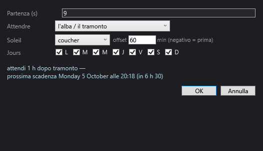 La finestra di attesa impostata sul tramonto, con i giorni della settimana e l'anteprima della prossima scadenza