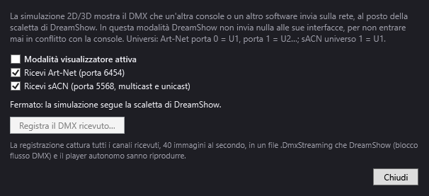 La finestra Modalità visualizzatore: ricezione di Art-Net e sACN, e registrazione del DMX ricevuto