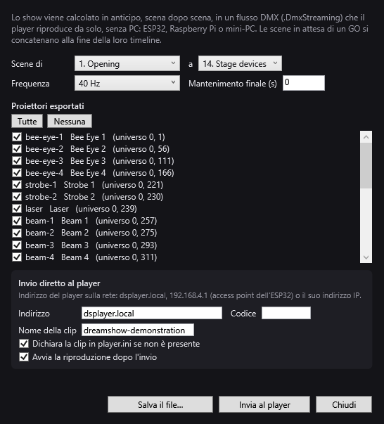 La finestra Esporta per un player autonomo: scene, frequenza, proiettori esportati e invio diretto al player
