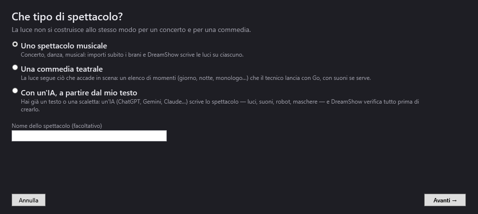 L'assistente Crea il mio primo spettacolo propone uno spettacolo musicale, una commedia teatrale o uno show scritto da un'IA