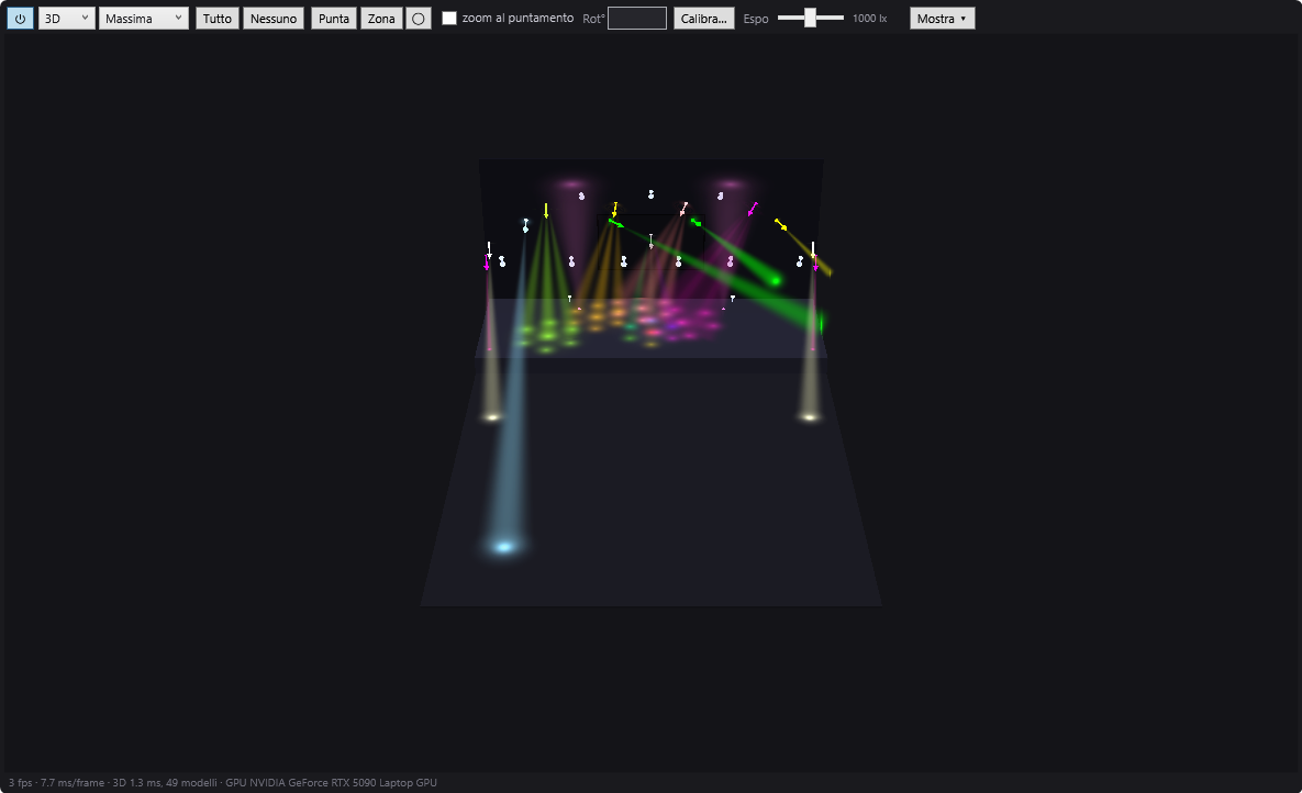 La simulazione 3D di DreamShow in qualità Massima: fasci nell'aria, macchie a terra e uno schermo video in riproduzione
