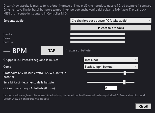 La finestra Audio-luce e tempo, con il tempo rilevato nella musica
