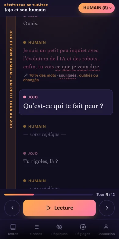 Après une réplique : les mots oubliés soulignés et le pourcentage du texte dit