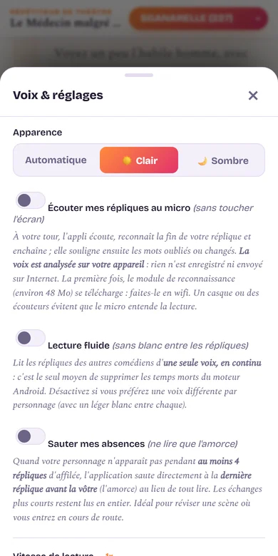 Les réglages : thème clair ou sombre, écoute au micro, voix